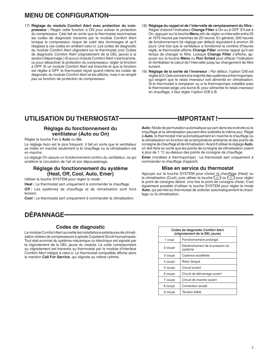 White Rodgers 1f83-0471 dimensions Utilisation DU Thermostat, Important , Dépannage 